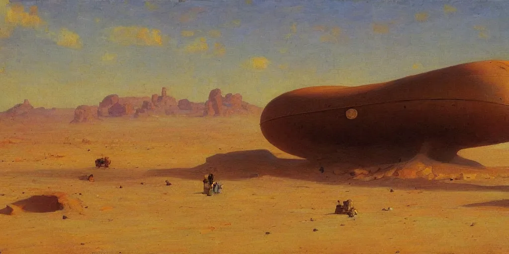 Image similar to desert landscape, a huge space ship is hovering in the sky, painting in style of Ilya Repin,