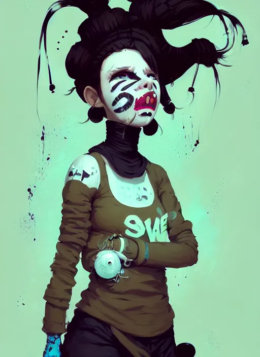 Image similar to highly detailed portrait of a sewer punk student lady with white graffiti face paint by atey ghailan, james gilleard, by joe fenton, by greg rutkowski, by greg tocchini, by kaethe butcher, 4 k resolution, gradient yellow, black, brown and cyan color scheme, grunge aesthetic!!! ( ( dystopian graffiti tag wall in background ) )