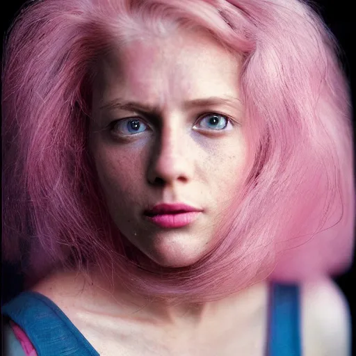 Image similar to a beautiful woman with pink hair and fair skin, portrait photograph, nikon 3 5 mm, photograph by annie leibovitz and steve mccurry,