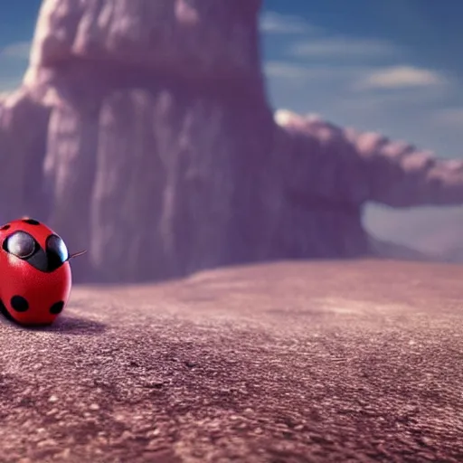 Image similar to promotional still wide angle, a mountain - sized ladybug roams a barren wasteland, dramatic lighting, ( e. t. the extra - terrestrial ), batteries not included, harry potter, octane 3 d render, imax, 7 0 mm.