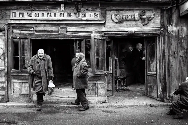 Prompt: cinematography old Russian men entering old bar in Russia showing. by Emmanuel Lubezki