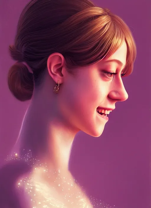 Image similar to portrait of lili reinhart, smiling kindly, bangs, 1 9 6 0 s, ponytail, bangs and ponytail, intricate, elegant, glowing lights, highly detailed, digital painting, artstation, concept art, smooth, sharp focus, illustration, art by wlop, mars ravelo and greg rutkowski