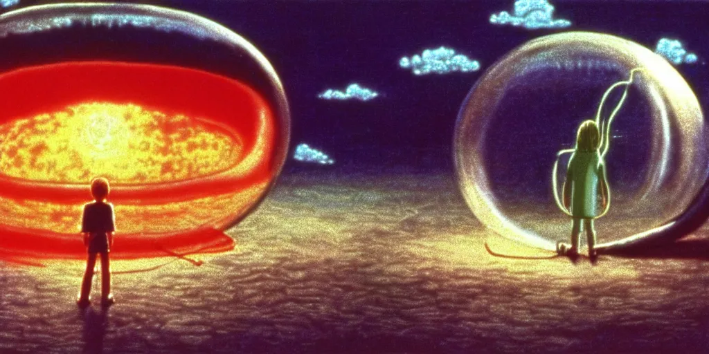 Image similar to hyperrealist studio ghibli dull colors pov shot from close encounters of the third kind 1 9 7 7 of a warped scientist rocketing through a snake bubble.