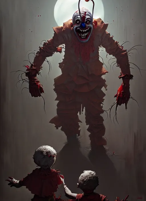 Image similar to masterpiece concept art, evil creepy clown terrorizes children, by greg rutkowski and geof darrow, 8 k, intricate detail, cinematic lighting