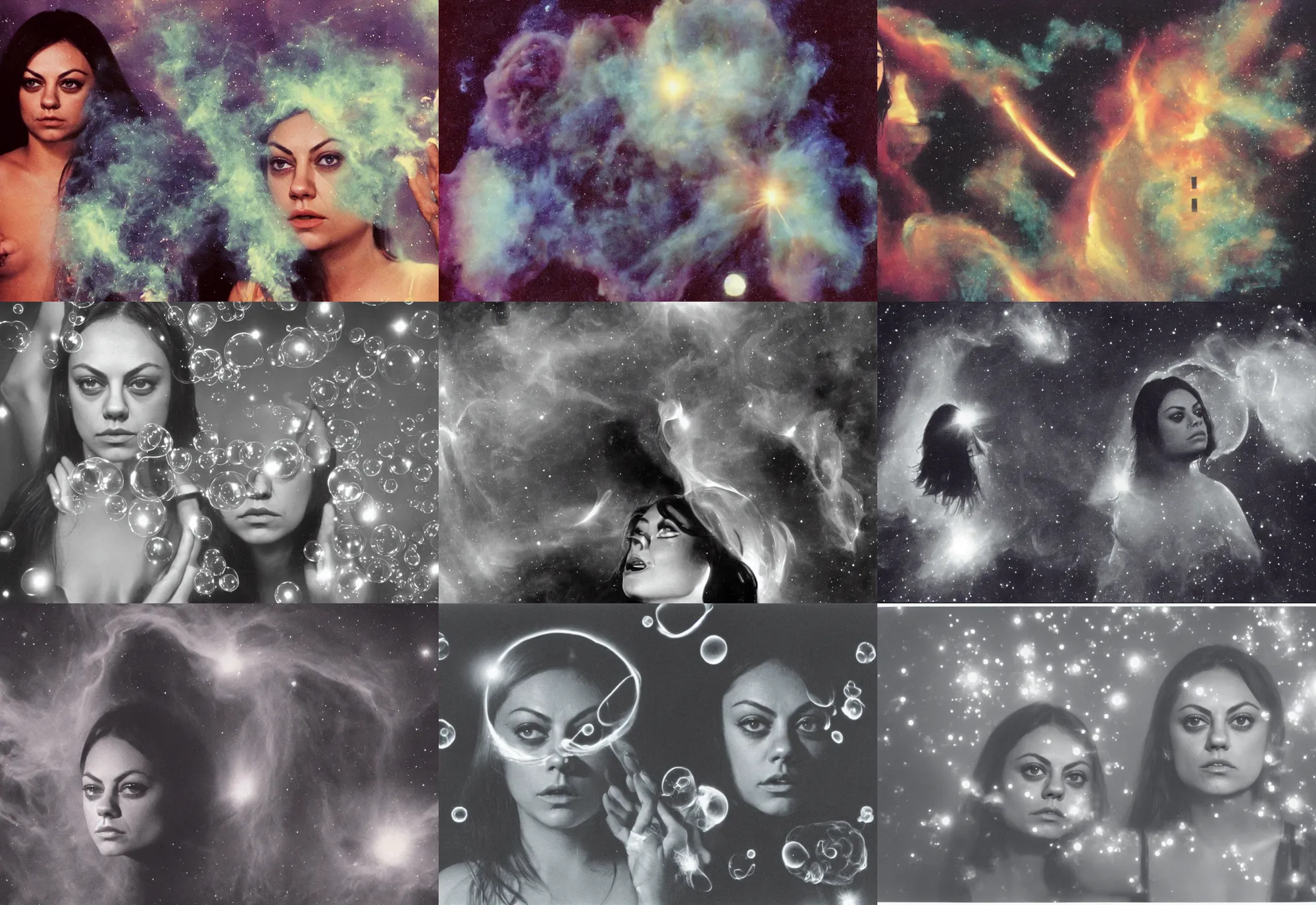 Prompt: 1970 Mila Kunis looking into the camera with small reflective bubbles, puffs of colored smoke, Nebula, Ludek Pesek, Rick Guidice, Chesley Bonestell, Lucien Rudaux, Rolf Klep, Fred Freeman, George Pal