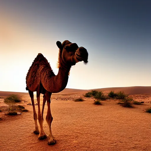 Prompt: A very serene artistic picture of a camel by an oasis in the desert, Sunset, Award winning realistic hyper realistic photo