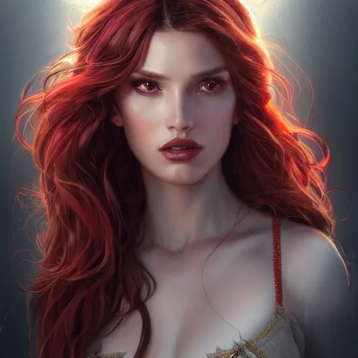 Image similar to full figure ultra realistic illustration, bella thorne as scarlet witch, intricate, elegant, highly detailed, digital painting, artstation, concept art, smooth, sharp focus, illustration, art by artgerm and greg rutkowski and alphonse mucha