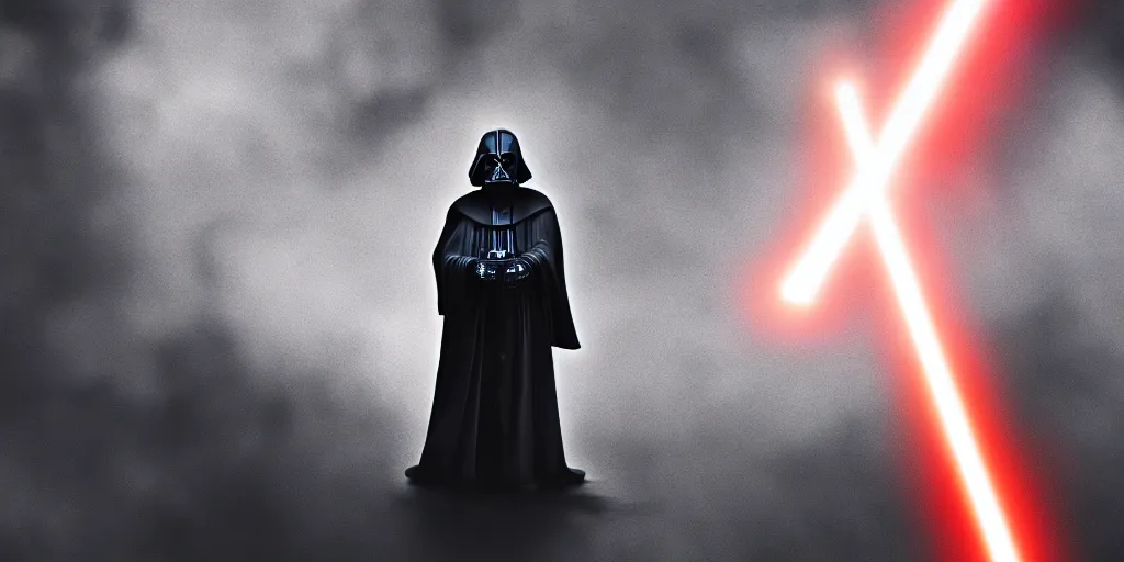 Image similar to darth sidious with lightsaber, heavy rain, lightning, moody lighting, shallow depth of field,