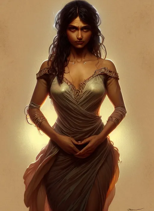 Image similar to cute brown woman wearing a transparent night gown, fantasy, intricate, highly detailed, digital painting, artstation, concept art, wallpaper, smooth, sharp focus, illustration, art by artgerm and greg rutkowski and alphonse mucha