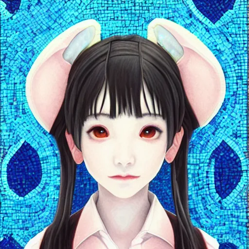 Image similar to mosaic portrait of a beautiful Iwakura Lain with robot ears by Saimir Strati, 4k, intricate details, digital, water