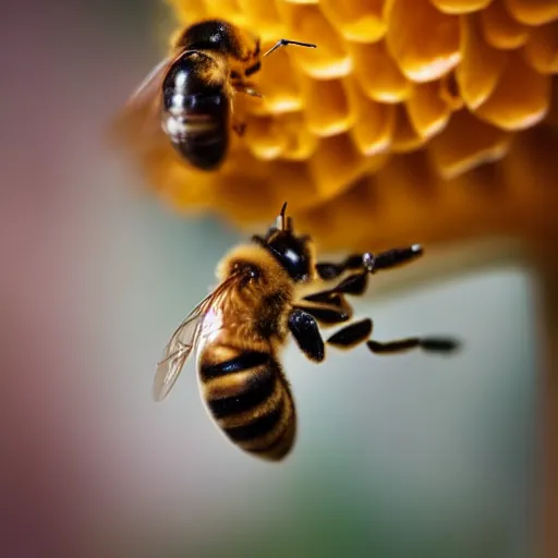 Prompt: a award - winning macro photography of a bee drinking honey, sigma 8 5 mm f / 2