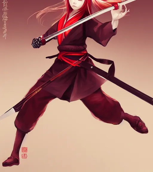 Prompt: a girl with red hair holding a katana, samurai outfit, japanese clothes, ponytail, action shot, highly detailed, digital painting, artstation, concept art, smooth, sharp focus, kunoichi, illustration