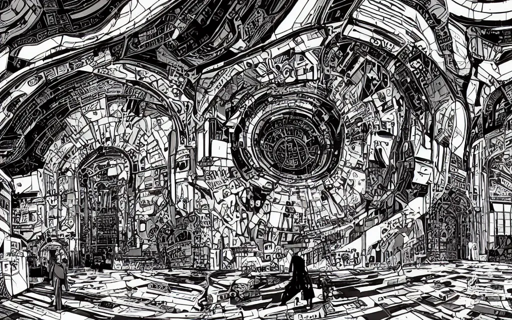 Image similar to very detailed, prophet graphic novel, ilya kuvshinov, mcbess, rutkowski, simon roy, illustration of a large bank vault door, wide shot, colorful, deep shadows, astrophotography