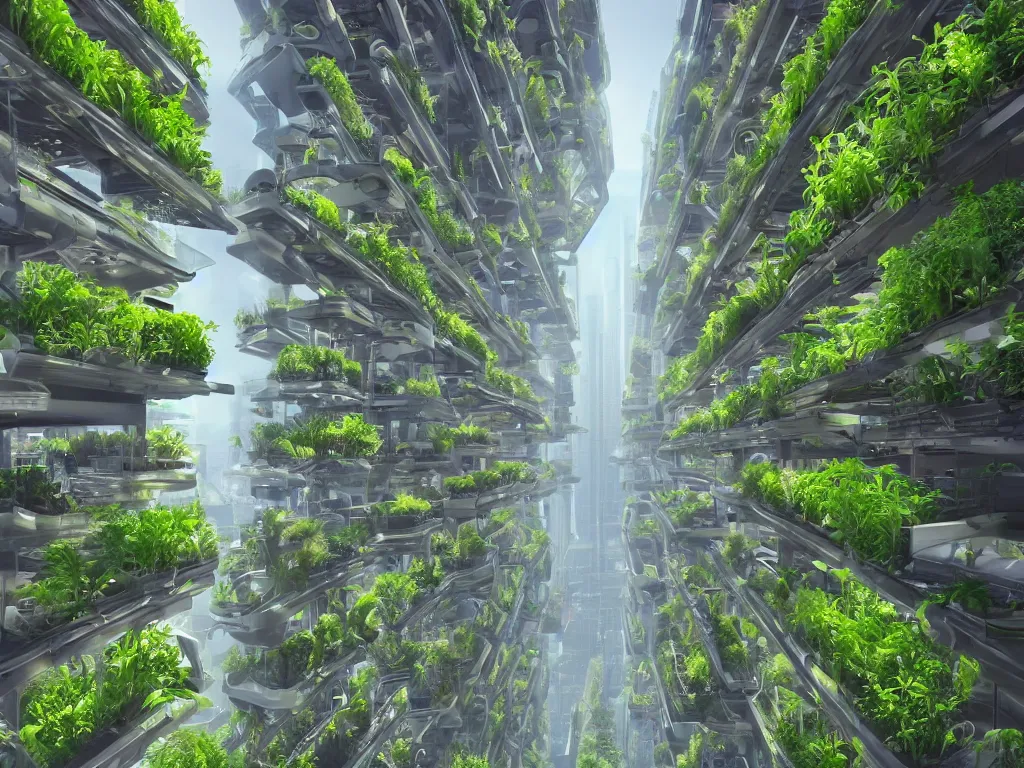 Image similar to futuristic vertical farm growing food in a cyberpunk high rise, 3 point perspective, atmospheric, morning light, foggy, ultra - hd, ultra - realistic