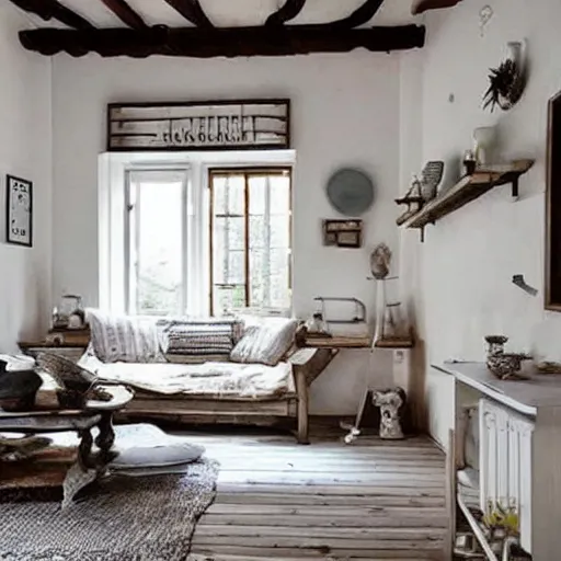 Prompt: a very clean cottage interior. cozy. artistic. simplistic