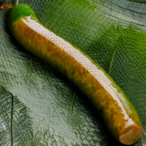 Image similar to long green Sausage with eyes and fangs and with scales