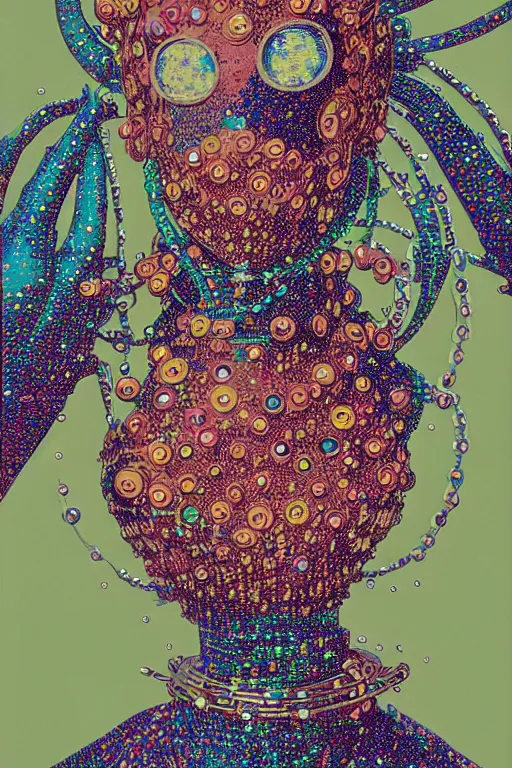 Prompt: risograph grainy drawing vintage sci - fi, satoshi kon color palette, gigantic beautiful bejeweled armored woman full - body covered in colourful gems, 1 9 6 0, kodak, metal wires, natural colors, codex seraphinianus painting by moebius and satoshi kon and alberto mielgoб extreme close - up portrait