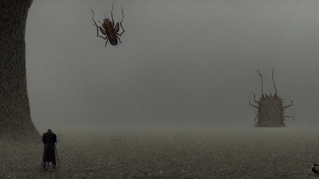 Prompt: we talk to the giant insect in our home, he is not happy, film still from the movie directed by Denis Villeneuve with art direction by Zdzisław Beksiński, wide lens