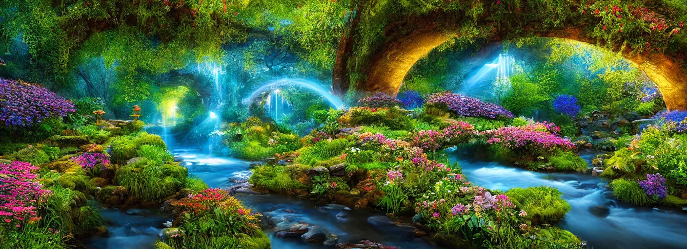 Image similar to photograph of enchanted garden, blue river in the middle, glowing bridge, with rays of light, flowers with intricate detail, by marc adamus, highly detailed, intricate detail, cinematic lighting
