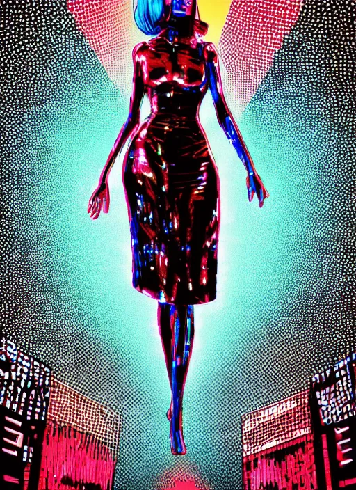 Image similar to extreme long shot, kodachrome, melting face, cyberpunk 2 0 y. o model girl, black reflect robe, wrapped in wires and piones, clear blue sky vintage style, looking straight ahead, in the style of yayoi kusama, lineart, artstation