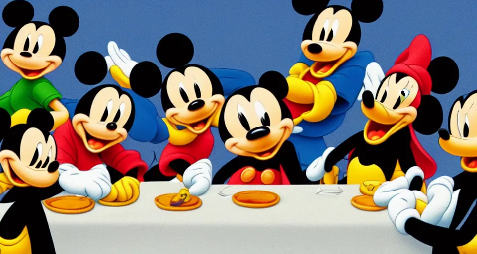 Prompt: mickey mouse donald duck goofy pluto at the last supper