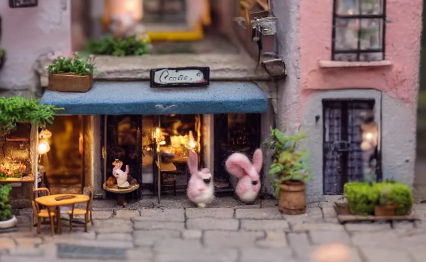 Image similar to miniature cafe diorama macro photography, cafe with felted bunnies, alleyway, ambient, atmospheric, british, cozy, bokeh, romantic