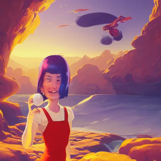 Image similar to emma stone surprised to see flying big italian sausages by concept artist gervasio canda, behance hd by jesper ejsing, by rhads, makoto shinkai and lois van baarle, ilya kuvshinov, rossdraws global illumination radiating a glowing aura global illumination ray tracing hdr render in unreal engine 5