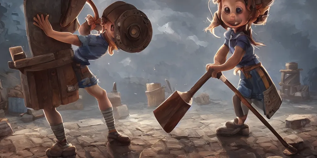 Prompt: blacksmith cute girl hitting with a hammer, anvill, epic digital art illustration, wide angle, masterpiece, dynamic wide perspective, anatomy skills, outstanding detail, illustration, colorgrading, LUTs, octane render, redshift, simulation, | 28mm |, great composition by sixmorevodka studio