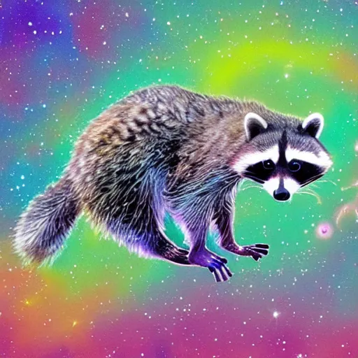 Image similar to raccoon skateboarding through the cosmos, highly detailed, colorful