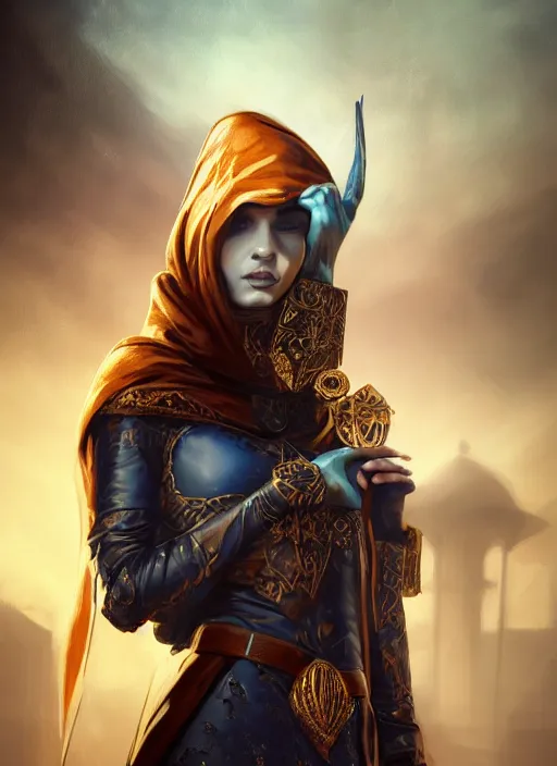 Image similar to Beautiful Arab girl with blue eyes, leather, portrait, fantasy, medieval, vivid colors, fantasy, elegant, concept art, sharp focus, beautiful face, digital art, Hyper-realistic, 4K, Unreal Engine, Highly Detailed, HD, Dramatic Lighting by Brom, trending on Artstation