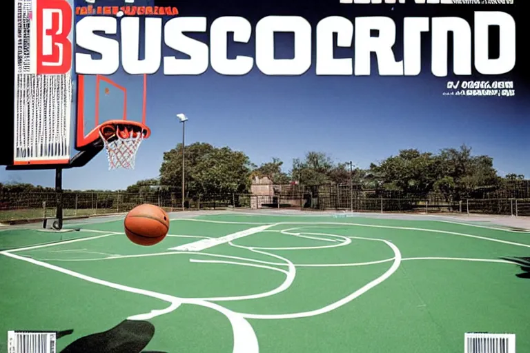 Image similar to basketball shaped like a cube, basketball court in background, sports magazine cover