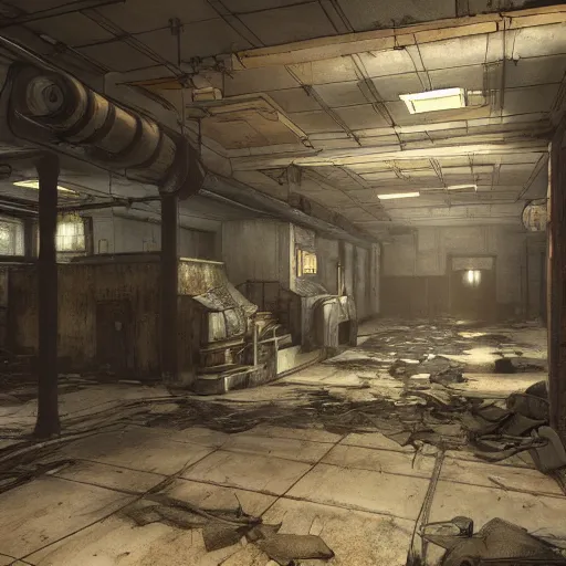 Prompt: fallout concept art building interior render grim realistic lighting unreal engine 5