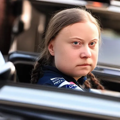 Image similar to greta thunberg driving a racing car