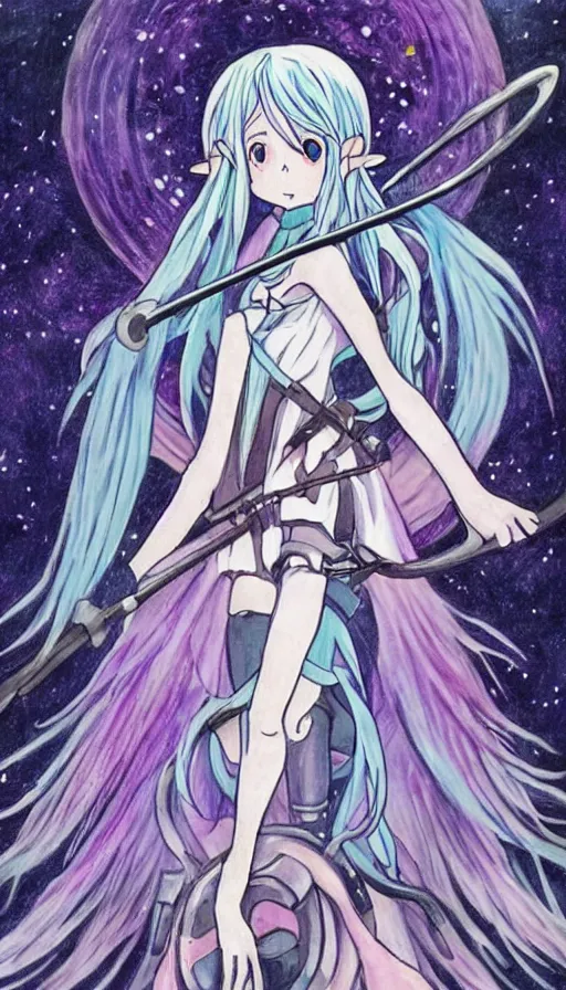 Image similar to a beautiful link drawing of the being death as a cute anime girl with a giant scythe from a studio ghibli film inspired by the death tarot card, dark vibes, pastel colors, cosmic,