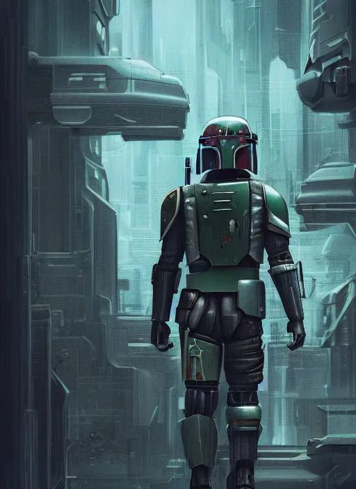 Image similar to Cyberpunk Boba Fett walking towards camera, low angle, epic, artstation, cyberpunk, intricate complexity