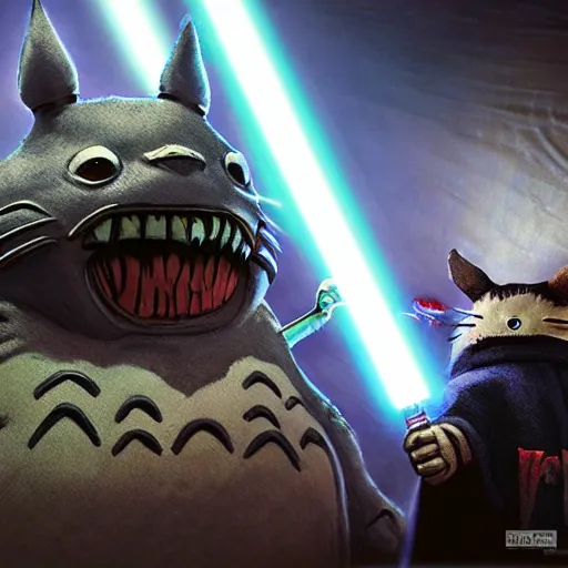 Image similar to totoro jedi slaying a sith lord, intricate detail, royo, klimt, miro, vallejo, frazetta, giger, whealan, hd, unreal engine,