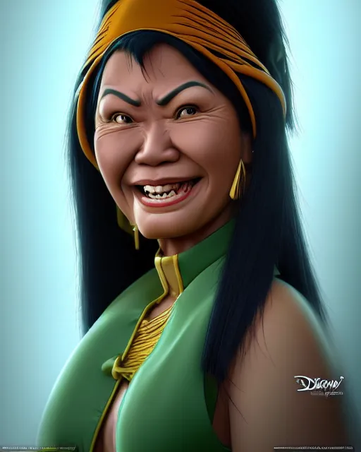 Image similar to grinning heavy filipina woman character portrait, by don bluth, sci - fi environment, highly detailed, dynamic shadows, 4 k, wallpaper - 1 0 2 4