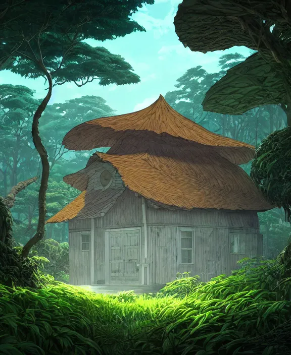 Image similar to a large, simple, schoolhouse made from exotic leaves, overgrown with huge exotic fungus, deep in the woods, sun drenched, partly cloudy, by dan mumford, yusuke murata, makoto shinkai, ross tran, cinematic, unreal engine, cel shaded, featured on artstation, pixiv