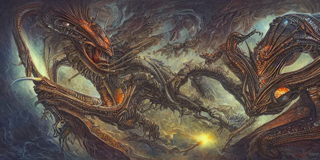 Image similar to alien space dragon by dan seagrave art