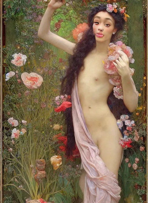 Prompt: a realistic oil painting of a beautiful young woman resembling winnie harlow, flowing robes, silk dress, peonies, crystal encrustations, underwater, fantasy art, by mucha, by bouguereau, intricate, colorful