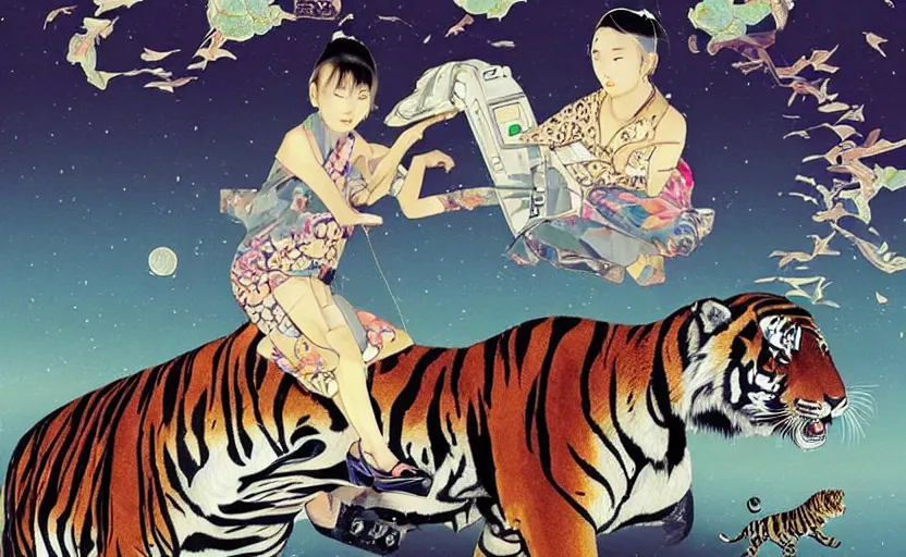 Prompt: a delorean and a tiger, art by hsiao - ron cheng and utagawa kunisada, magazine collage, # e 5 3 7 1 b, # e 4 e 6 2 0, # de 9 5 f 0,