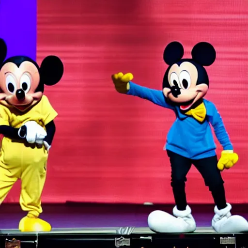 Image similar to kendrick lamar brings out goofy from mickey mouse on stage to rap