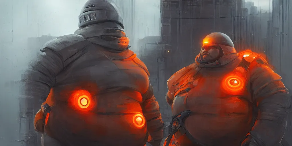 Image similar to portrait of a fat man sci fi soldier ranger, brutalist city architecture, orange dark epic, emissive lights and cables and wires, high details, ceremonial clouds, dripping paint, fibonacci rhythm, artstation, art germ, wlop, pablo dominguez, sabbas apterus, award - winning, artstation