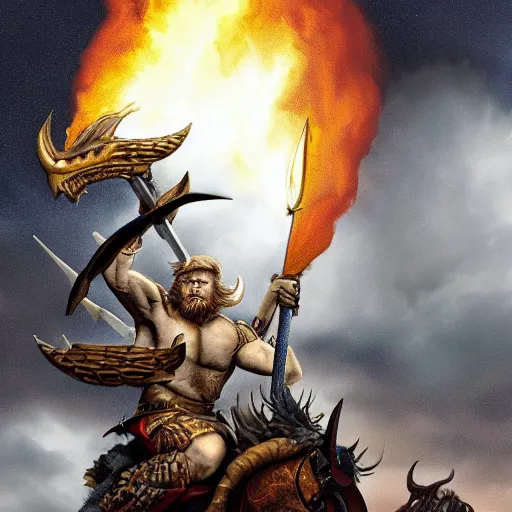 Prompt: viking holding the severed head of donald trump, rides a dragon flying over the white house, 8 k