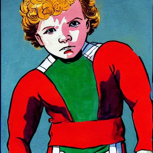 Image similar to a cute little boy with a mischievous face and ginger hair. he is dressed as a superhero. well composed, clean elegant painting, beautiful detailed face. comic book art by steve ditko and jack kirby