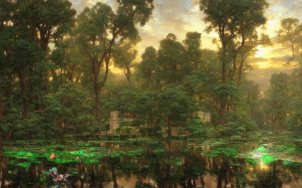 Image similar to a detailed oil painting by john williams waterhouse, thomas kincade, michael whelan and donato giancola of an intricate, ornate palace made of green, polished semiprecious malachite marble and jade, hyper detailed, hd, artstation, beautiful sunrise lighting, surrounded by trees