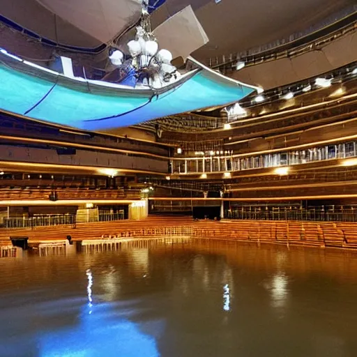 Image similar to The flooded concert hall is floating with various musical instruments by reg rutkowski and Hans Frederick Gude