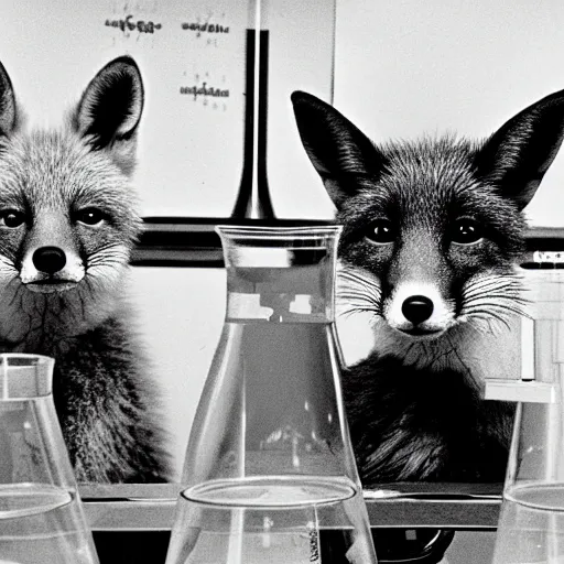 Image similar to fox animals conducting experiments in a chemistry lab, award winning photograph