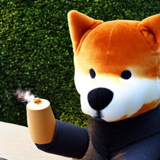 Prompt: a giant plushy shiba inu smoking a cigar, fluffy, soft, photo realistic, highly detailed,