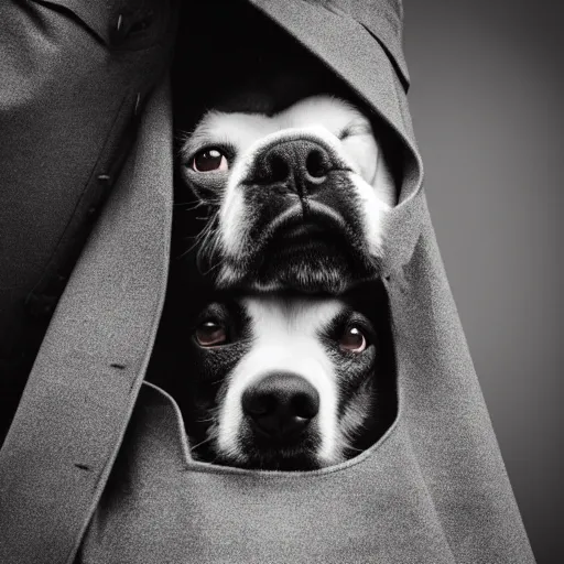 Image similar to 3 dogs stacked on top of each other wearing a trench coat, serious, dark, cute, noir